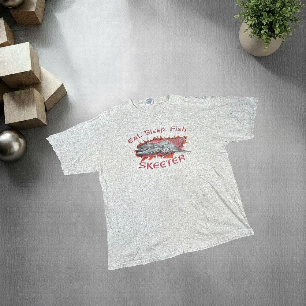 Vintage 90s Skeeter Boats T Shirt Eat Sleep Fish Grey XL Boxy Skater Distressed